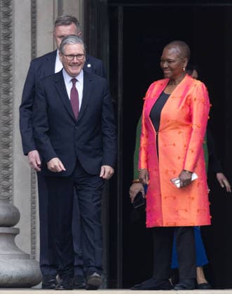 April 21, 2026, London, England, United Kingdom: Prime Minister Sir KEIR STARMER and Baroness VALERIE AMOS depart the British Museum in London after viewing the final design for the Queen Elizabeth II Memorial. London United Kingdom - ZUMAs262 20260421_zip_s262_002 Copyright: xTayfunxSalcix