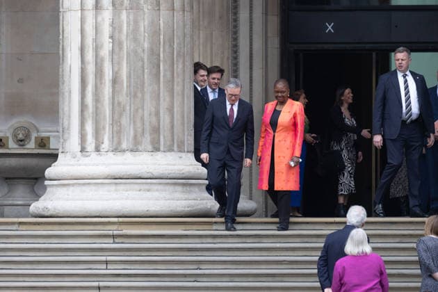 April 21, 2026, London, England, United Kingdom: Prime Minister Sir KEIR STARMER and Baroness VALERIE AMOS depart the British Museum in London after viewing the final design for the Queen Elizabeth II Memorial. London United Kingdom - ZUMAs262 20260421_zip_s262_004 Copyright: xTayfunxSalcix
