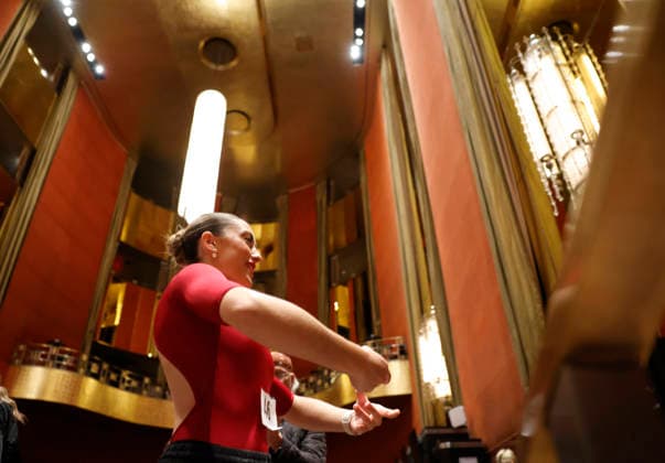 Dancers warm up in the Grand Foyer at Radio City Music Hall before auditioning at the Rockettes open call auditions at Radio City Music Hall in New York City on Wednesday, April 22, 2026. Dancers attending the audition will be considered for a spot on the Rockettes line in the 2026 Christmas Spectacular Starring the Radio City Rockettes and for an invitation to participate in the company s no-fee dancer development.programming this summer which serves as the Rockettes main talent pipeline.  NYP20260422120 JohnxAngelillo