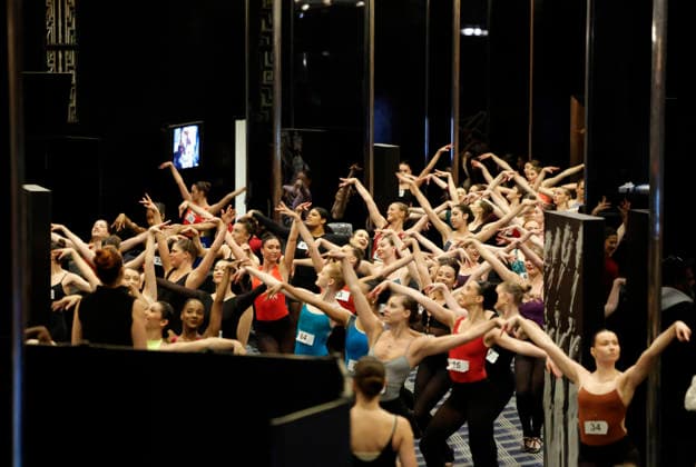Dancers do a run through of dance steps before Rockettes open call auditions take place at Radio City Music Hall in New York City on Wednesday, April 22, 2026. Dancers attending the audition will be considered for a spot on the Rockettes line in the 2026 Christmas Spectacular Starring the Radio City Rockettes and for an invitation to participate in the company s no-fee dancer development.programming this summer which serves as the Rockettes main talent pipeline.  NYP20260422126 JohnxAngelillo
