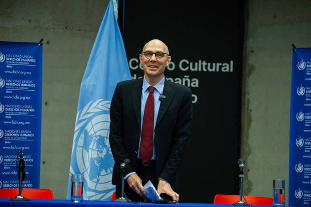 April 22, 2026, Mexico City, Mexico: United Nations High Commissioner for Human Rights Volker Turk held a closing press conference at the Cultural Center of Spain in Mexico City at the end of his visit, where he said disappearances are one of the most serious and painful challenges in the country; HUMBERTO HENDERSON, deputy representative of the UN Human Rights Office in Mexico, and MARTA HURTADO, spokesperson of the Office of the UN High Commissioner for Human Rights, were also present. Mexico City Mexico - ZUMAl178 20260422_znp_l178_027 Copyright: xCristianxLeyvax