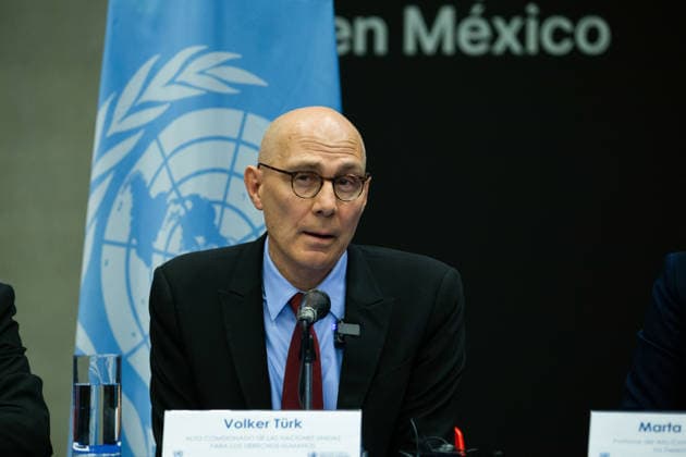 April 22, 2026, Mexico City, Mexico: United Nations High Commissioner for Human Rights Volker Turk held a closing press conference at the Cultural Center of Spain in Mexico City at the end of his visit, where he said disappearances are one of the most serious and painful challenges in the country; HUMBERTO HENDERSON, deputy representative of the UN Human Rights Office in Mexico, and MARTA HURTADO, spokesperson of the Office of the UN High Commissioner for Human Rights, were also present. Mexico City Mexico - ZUMAl178 20260422_znp_l178_030 Copyright: xCristianxLeyvax