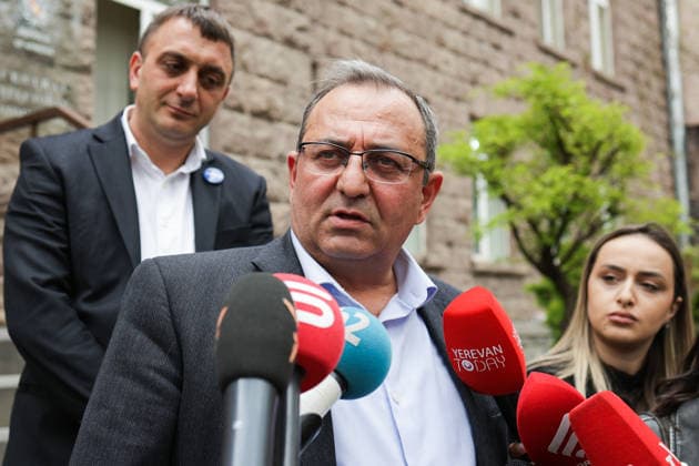 ARMENIA, YEREVAN - APRIL 23, 2026: Hayastan Alliance secretary Artsvik Minasyan talks to journalists as the bloc submits its candidate list to the Central Electoral Commission ahead of Armenia s parliamentary election. Alexander Patrin TASS  91605355