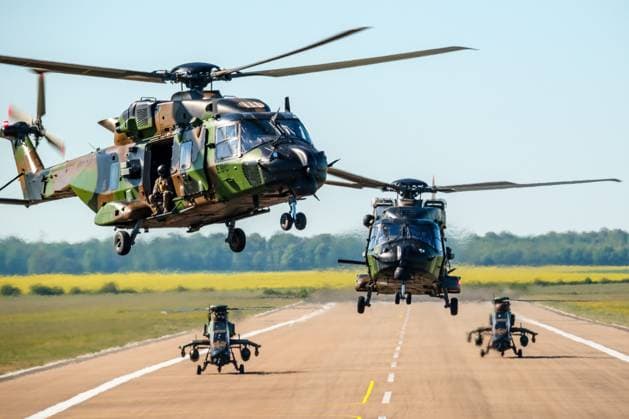 ORION 2026 maneuver in Chaumont Photo Arnaud BEINAT Maxppp 2026 04 23, Chaumont Semoutiers, Haute Marne, France Helicopter missions as part of the national Orion 2026 maneuver NH90 maneuvering helicopter over two Tiger combat helicopters  Copyright: xMAXPPPxArnaudxBeinatx ABE060423-06 ABE060423-06
