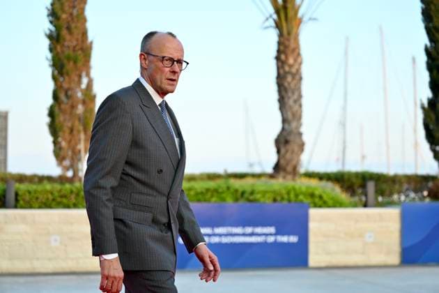 (260423) -- AYIA NAPA, April 23, 2026 -- German Chancellor Friedrich Merz arrives at an EU summit in Ayia Napa, Cyprus, April 23, 2026. European Union (EU) leaders gathering in Cyprus on Thursday and Friday will discuss the economic and security fallout from Iran war, especially on soaring energy prices and mutual defense following a recent drone attack on the Mediterranean island. ) CYPRUS-AYIA NAPA-EU-SUMMIT LvxYou 