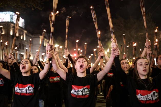 April 23, 2026, Yerevan, Armenia: Thousands of people take part in a torch procession in Republic Square on the eve of Armenian Genocide Remembrance Day. The event is organized annually to honor the 1.5 million victims of the 1915 genocide and to serve as a call for international recognition and justice. Yerevan Armenia  - ZUMAt113 20260423_zaa_t113_493 Copyright: xAlexanderxPatrinx