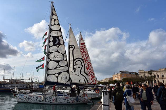 Global Sumud Flotilla boats reach Sicily to break Israeli blockade on Gaza SICILY, ITALY - APRIL 23: Boats of the Global Sumud Flotilla 2026 Spring Mission, which departed from Barcelona, Spain on April 12, arrive at the Port of Syracuse on the island of Sicily, Italy on April 23, 2026. The boats, supported by NGOs from over 50 countries aiming to break the Israeli blockade on Gaza and deliver humanitarian aid, met with other vessels that completed preparations in Italy for the flotilla s second voyage. Baris Seckin Anadolu Sicily Italy. Editorial use only. Please get in touch for any other usage.  Copyright: x2026xAnadoluxBarisxSeckinx