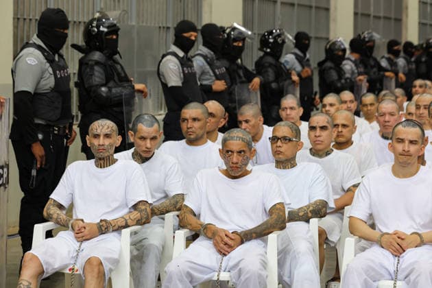 Gang Members Face Massive Court Hearing at CECOT in El Salvador SAN VICENTE, EL SALVADOR - APRIL 23: Gang members listening to virtual hearing during a massive court hearing for gang members of the Mara Salvatrucha (MS-13), held at the Terrorism Confinement Center (CECOT), in the municipality of Tecoluca, in San Vicente, El Salvador on April 23, 2026. According to an announcement by the Attorney General s Office (FGR) of El Salvador, a mega-trial against 486 gang members of the Mara Salvatrucha (MS-13), including leaders and founders of said criminal organization, began on Monday, April 21. Alex Pena Anadolu San Vicente El Salvador. Editorial use only. Please get in touch for any other usage.  Copyright: x2026xAnadoluxAlexxPenax