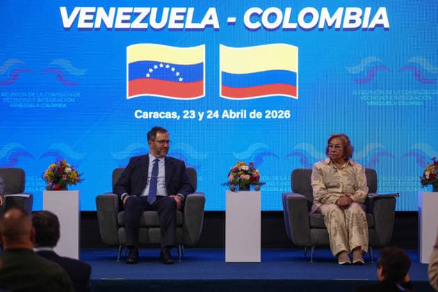 3rd Meeting of the Venezuela-Colombia Neighborhood and Integration Commission??????? CARACAS, VENEZUELA - APRIL 23, 2026: Venezuela’s Minister of Foreign Affairs, Yvan Gil (left), and Colombia’s Minister of Foreign Affairs, Rosa Villavicencio (right), at the opening session of the Third Meeting of the Commission on Neighborhood and Integration. The meeting, taking place at the Casa Amarilla on April 23 and 24, aims to consolidate binational cooperation agreements and normalize diplomatic relations. Julio Urribarri Anadolu Caracas Venezuela. Editorial use only. Please get in touch for any other usage.  Copyright: x2026xAnadoluxJulioxUrribarrix