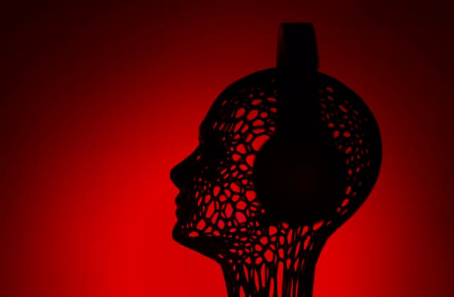 Wireframe artificial intelligence head listening to music on red, AZF01263