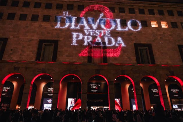 Milan, The Italian premiere of the film The Devil Wears Prada 2 at La Rinascente. Pictured: Projections on the façade of La Rinascente.  Copyright: xAlessandroxBremecx xipa-agency.netx xx IPA_Agency_IPA74184702