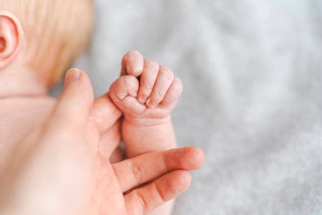 Newborn baby holding parent finger with trust and care indoors model released, Symbolfoto property released, NSTF00617