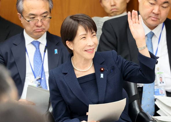 April 24, 2026, Tokyo, Japan - Japanese Prime Minister Sanae Takaichi raises her hand to answer a question at Lower House s health committee session at the National Diet in Tokyo on Monday, April 24, 2026. (photo by Yoshio Tsunoda AFLO)  aflo_328070743