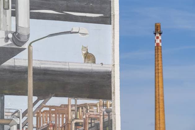 Gebäude der PCK Erdöl-Raffinerie Schwedt mit Graffiti, Streetart, längstes Fassadenbild Deutschlands mit Maschinen und Industrie-Motiven, hinten ein Schornstein, Schwedt an der Oder, Uckermark, Brandenburg, Deutschland PCK Erdöl-Raffeinerie Schwedt building with graffiti, street art, Germany s longest façade with machinery and industrial motifs, a chimney in the back, Schwedt an der Oder, Uckermark, Brandenburg, Germany Copyright: imageBROKER OliverxGerhard ibloge17408828.jpg