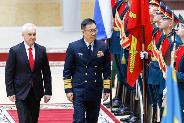RUSSIA, MOSCOW - APRIL 24, 2026: Russia s Defence Minister Andrei Belousov (L) and China s Minister of National Defence Dong Jun are seen ahead of talks at the Russian National Defence Management Centre. Vadim Savitsky Russian Defence Ministry Press Office TASS  91647834