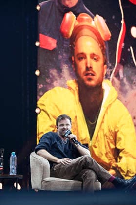 April 24, 2026, Mexico City, Ciudad de Mexico, Mexico: Aaron Paul speaks during a conference as part of pop culture festival CCXP Comic Con Experience at Centro Banamex on April 24, 2026 in Mexico City, Mexico. Mexico City Mexico - ZUMAe321 20260424_zea_e321_054 Copyright: xCarlosxTischlerx