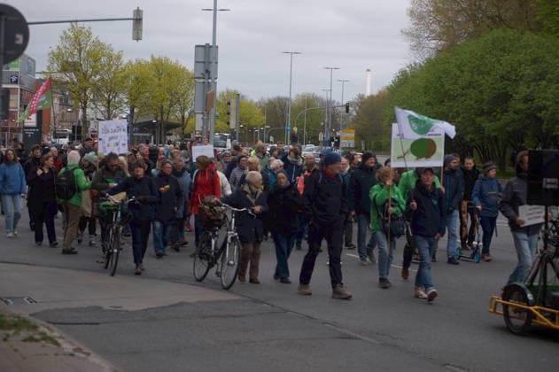 Flensburg, Schleswig-Holstein Demonstration von Fridays for Future in Flensburg. Demonstranten ziehen durch die Flensburger Innenstadt, Süderhofenden, Richtung Süden. Aufnahme vom 25.04.2026, Flensburg. *** Flensburg, Schleswig Holstein Demonstration of Fridays for Future in Flensburg Demonstrators march through Flensburg city center, Süderhofenden, southbound Photo taken on 25 04 2026, Flensburg