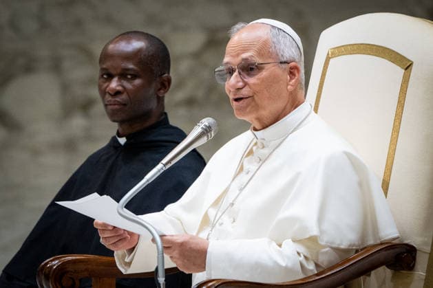 Pope Leo XIV meets Catholic religion teachers during an audience in Paul VI Audience Hall in Vatican City, Vatican, on 25 April 2026. Pope Leo XIV meets Catholic religion teachers during an audience in Paul VI Audience Hall in Vatican City, Vatican, on 25 April 2026., Credit:Stefano Costantino TTL Avalon Vatican, Vatican City  Copyright: xStefanoxCostantinoxTTLx xAvalonx 1094299304