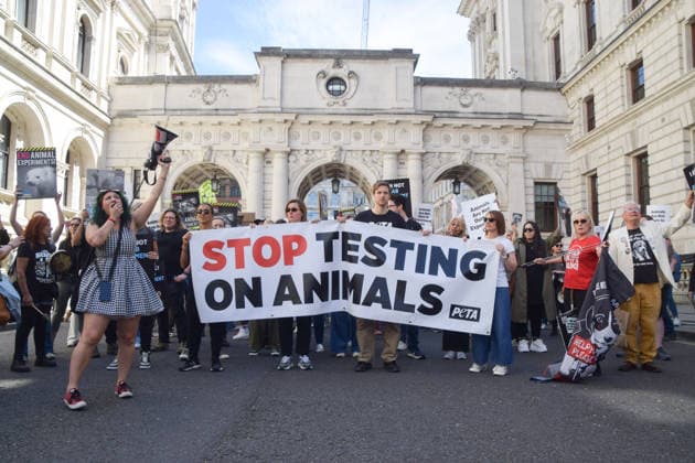 April 25, 2026, London, England, United Kingdom: Animal rights activists stop in Westminster during the World Day For Animals In Laboratories march, demanding an end to experiments on animals. London United Kingdom  - ZUMAv130 20260425_zip_v130_027 Copyright: xVukxValcicx