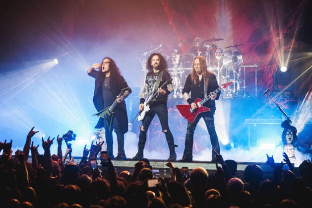 Kreator live in Copenhagen, Denmark Copenhagen, Denmark. 25th, April 2026. The German thrash metal band Kreator performs a live concert at Poolen in Copenhagen. Here vocalist Miland Petrozza (L) is seen live on stage with bass player Frederic Leclercq and guitarist Sami Yli-Sirnio (R) Denmark, Copenhagen  Copyright: xGonzalesxPhoto ChristianxHjorthx