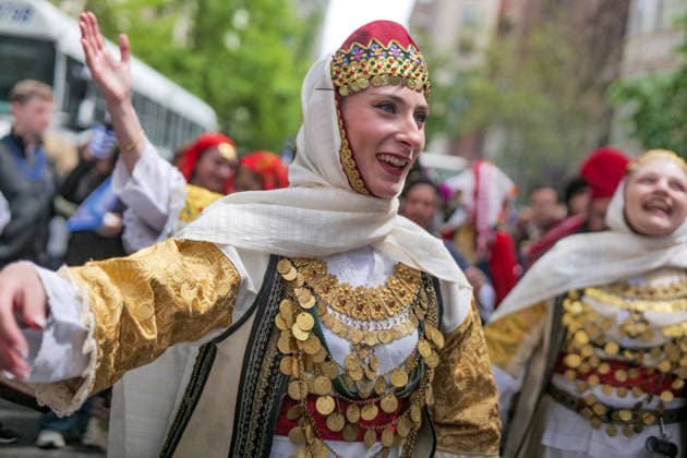 April 26, 2026, New York, New York, USA: Traditional Greek dancers at the 87th Annual Greek Independence Day Parade making its way up.Fifth Avenue celebrating the 205th anniversary of Greek Independence.and the 250th anniversary of the US Declaration of Indpendence. With a .theme of Celebrating the shared revolutionary ideals of freedom and democracy.the Greek blue and white colors filled the air. New York USA  - ZUMAh156 20260426_znp_h156_017 Copyright: xMiloxHessx