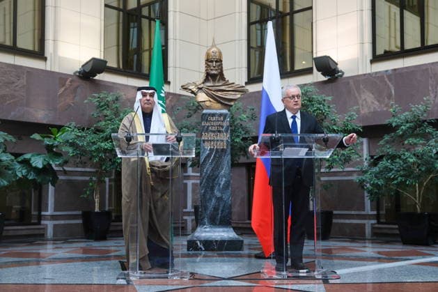 RUSSIA, MOSCOW - APRIL 27, 2026: Saudi Arabian Ambassador to Russia Sami Mohammed Al-Sadhan (L) and Russian Ambassador to Egypt Georgy Borisenko attend the opening of an exhibition marking 100 years of diplomatic relations between Russia and Saudi Arabia, at the Russian Foreign Ministry. Sergei Savostyanov TASS  91767059