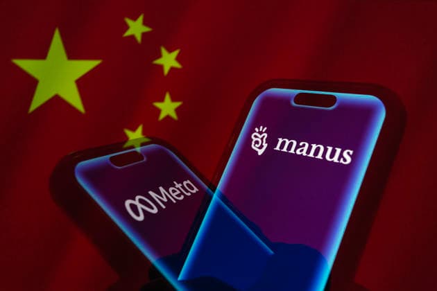 April 27, 2026, Taichung, Taiwan: A hand holds a smartphone displaying the logos of Meta and Manus backdropped by cropped flag of China. China on Monday ordered Meta to unwind its acquisition of AI start-up Manus. Taichung Taiwan - ZUMAc217 20260427_zip_c217_003 Copyright: xAndrexM.xChangx