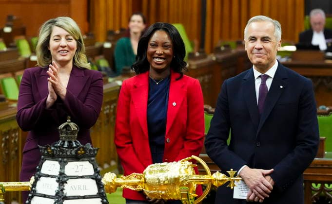 April 27, 2026, Ottawa, On, CAN: Prime Minister Mark Carney, right, and Minister of Industry Melanie Joly, left, introduce new member of Parliament Tatiana Auguste to the House of Commons on Parliament Hill in Ottawa on Monday, April 27, 2026. Ottawa CAN  - ZUMAc35_ 20260427_zaf_c35_033 Copyright: xSeanxKilpatrickx