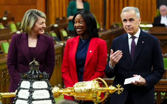 April 27, 2026, Ottawa, On, CAN: Prime Minister Mark Carney, right, and Minister of Industry Melanie Joly, left, introduce new member of Parliament Tatiana Auguste to the House of Commons on Parliament Hill in Ottawa on Monday, April 27, 2026. Ottawa CAN  - ZUMAc35_ 20260427_zaf_c35_031 Copyright: xSeanxKilpatrickx