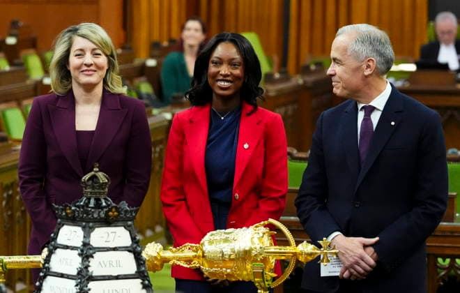 April 27, 2026, Ottawa, On, CAN: Prime Minister Mark Carney, right, and Minister of Industry Melanie Joly, left, introduce new member of Parliament Tatiana Auguste to the House of Commons on Parliament Hill in Ottawa on Monday, April 27, 2026. Ottawa CAN  - ZUMAc35_ 20260427_zaf_c35_032 Copyright: xSeanxKilpatrickx