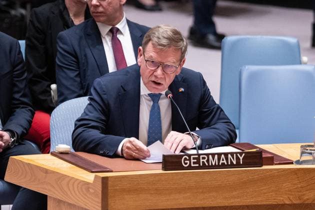 April 27, 2026, Bronx, New York, USA: Johann Wadephul, Federal Minister for Foreign Affairs of Germany speaks during attends Security Council meeting on Maritime Security at UN Headquarters in New York, NY on April 27, 2026 as Iran closed down Strait of Hormuz following conflict with USA and Israel. About 20% of world supply of oil going to markets through the strait. Bronx USA  - ZUMAr339 20260427_znp_r339_053 Copyright: xLevxRadinx