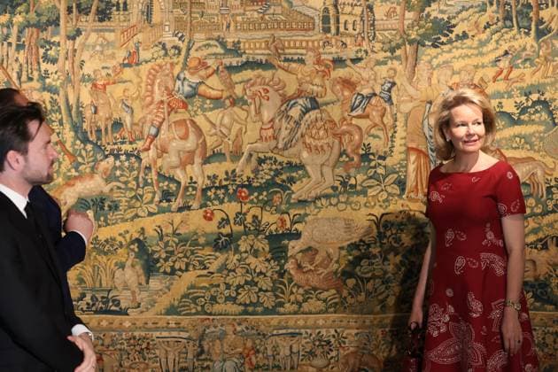 Queen Mathilde of Belgium pictured during a royal visit to the exhibition Mary of Hungary: Art and Power during the Renaissance , at the Mariemont Estate and Royal Museum, in Morlanwelz, on Tuesday 28 April 2026.  VIRGINIExLEFOUR 172256405
