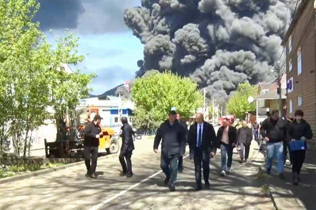RUSSIA, TUAPSE - APRIL 28, 2026: This video screen grab shows Krasnodar Region Governor Veniamin Kondratyev at the scene of a fire relief operation at the Tuapse Oil Refinery. Video grab. Best possible quality. Krasnodar Region Governor Kondratyev Channel on Max TASS  91804881