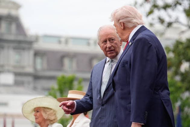 United States President Donald J Trump and King Charles III of the United Kingdom of Great Britain and Northern Ireland after reviewing the troops during a State Arrival Ceremony on the South Lawn of the White House in Washington, DC, USA, on April 28, 2026. Copyright: xYurixGripasx xPoolxviaxCNP MediaPunchx