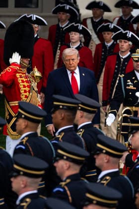 President Donald Trump arrives for an official welcoming ceremony for Britain s King Charles III at the White House in Washington DC on Tuesday, April 28, 2026. The king is on a four-day state visit to the U.S. and will stop in New York and Washington, where he will meet with U.S. officials and deliver an address to Congress.  WAX20260428704 AllisonxRobbert