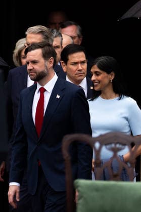 Vice President JD Vance, Second Lady Usha Vance and Secretary of State Marco Rubio arrive for an official welcoming ceremony for Britain s King Charles III at the White House in Washington DC on Tuesday, April 28, 2026. The king is on a four-day state visit to the U.S. and will stop in New York and Washington, where he will meet with U.S. officials and deliver an address to Congress.  WAX20260428899 AllisonxRobbert