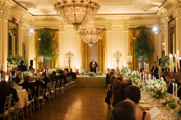 President Donald Trump gives remarks during a state dinner with Great Britain s King Charles and Queen Camilla at the White House on Tuesday, April 28, 2026 in Washington, D.C. Charles spoke to a joint session of Congress earlier in the day, and attended several events with U.S. President Donald Trump.  WAX20260428236 CraigxHudson
