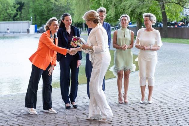 Flemish Minister for Domestic Governance and Integration Hilde Crevits, Minister of Middle Classes Eleonore Simonet, Minister of Justice Annelies Verlinden and Queen Mathilde of Belgium pictured during the 27th edition of the award ceremony of the Womed Award , for best female entrepreneur, organised by Markant and Unizo, Tuesday 28 April 2026 in Brussels.  JAMESxARTHURxGEKIERE 172331925