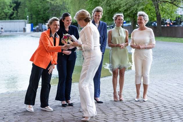 Flemish Minister for Domestic Governance and Integration Hilde Crevits, Minister of Middle Classes Eleonore Simonet, Minister of Justice Annelies Verlinden and Queen Mathilde of Belgium pictured during the 27th edition of the award ceremony of the Womed Award , for best female entrepreneur, organised by Markant and Unizo, Tuesday 28 April 2026 in Brussels.  JAMESxARTHURxGEKIERE 172331926