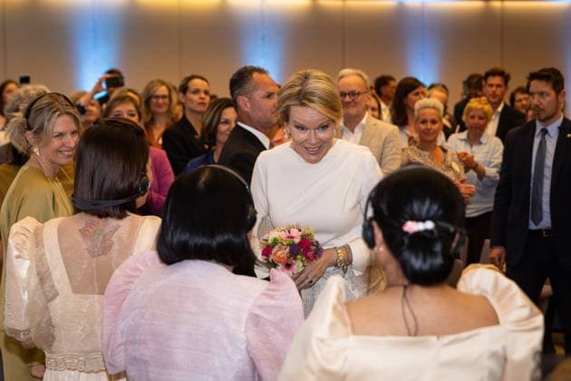Queen Mathilde of Belgium pictured during the 27th edition of the award ceremony of the Womed Award , for best female entrepreneur, organised by Markant and Unizo, Tuesday 28 April 2026 in Brussels.  JAMESxARTHURxGEKIERE 172331927