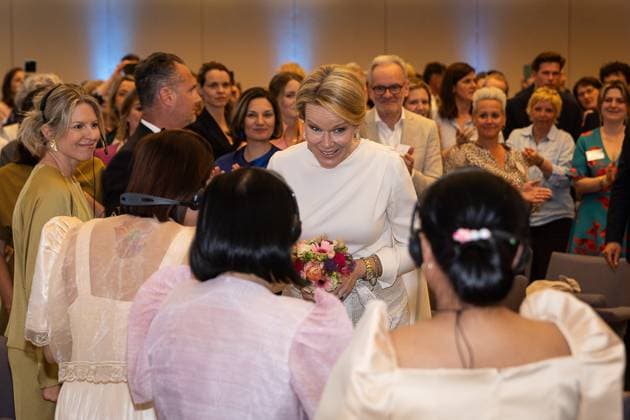Queen Mathilde of Belgium pictured during the 27th edition of the award ceremony of the Womed Award , for best female entrepreneur, organised by Markant and Unizo, Tuesday 28 April 2026 in Brussels.  JAMESxARTHURxGEKIERE 172331930