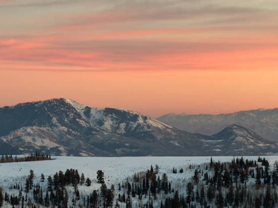 Pastel sunset over snowy mountain landscape with soft pink sky United States, Utah, Eden CR_FHOI260428-2007002-01