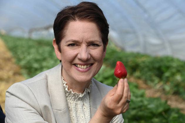 Silke GORISSEN, Gorißen, CDU, Ministerin fuer Landwirtschaft und Verbraucherschutz des Landes Nordrhein-Westfalen, mit einer Erdbeere, Silke GORISSEN, Gorißen, CDU, Ministerin fuer Landwirtschaft und Verbraucherschutz des Landes Nordrhein-Westfalen, und Repraesentanten der Landwirtschaft eroeffnen die Erdbeersaison, Eroeffnung der Erdbeersaison, Spargelhof Fruhen in Toenisvorst, 29.04.2026, *** Silke GORISSEN, Gorißen, CDU, Minister for Agriculture and Consumer Protection of the State of North Rhine-Westphalia, with a strawberry, Silke GORISSEN, Gorißen, CDU, Minister for Agriculture and Consumer Protection of the State of North Rhine-Westphalia, and agricultural representatives open the strawberry season, Opening of the strawberry