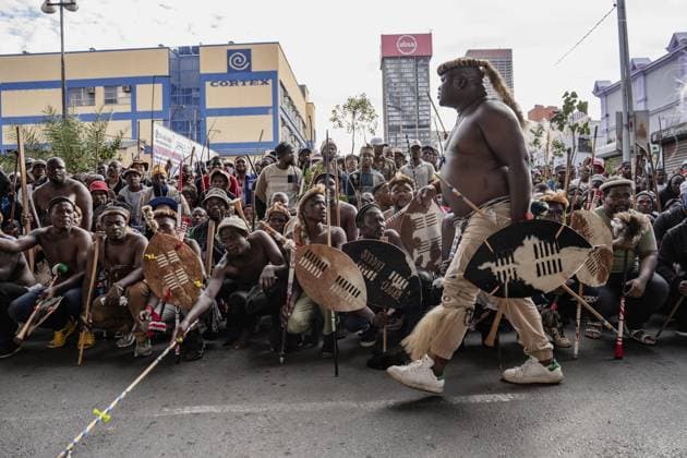 Anti-immigration protest in Johannesburg JOHANNESBURG, SOUTH AFRICA - APRIL 29: Anti-immigration, wearing traditional Zulu attire, demonstrators gather to stage a protest in Johannesburg, South Africa on April 29, 2026. Participants voiced opposition to irregular migration during the demonstration. Ihsaan Haffejee Anadolu Johannesburg South Africa. Editorial use only. Please get in touch for any other usage.  Copyright: x2026xAnadoluxIhsaanxHaffejeex