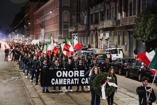 Milan, the torchlight procession commemorating the murder of Sergio Ramelli, a member of the Italian Socialist Party (MSI) in the 1970s, killed in 1975 by Avanguardia Operaia militants, and in memory of Carlo Borsani and Enrico Pedenovi, organized by far-right militants from Piazzale Gorini to Via Paladini. Pictured: A moment from the procession.  Copyright: xAlessandroxBremecx xipa-agency.netx xx IPA_Agency_IPA74320870