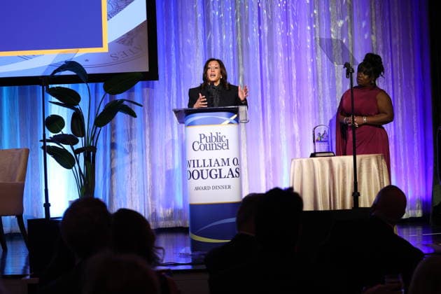 BEVERLY HILLS, CALIFORNIA - APRIL 29: Kamala Harris on stage at the Public Counsel Awards Dinner on April 29, 2026 in Beverly Hills, California. Copyright: xAdMediax MediaPunchx