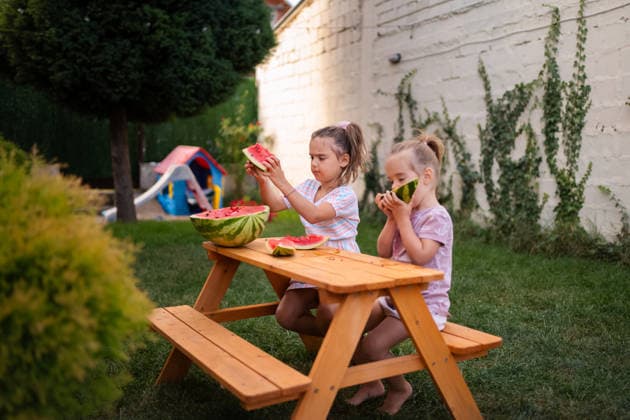Zwei Mädchen genießen im sonnigen Garten ein paar Scheiben Wassermelone Two young girls savor juicy watermelon on a warm summer day. (License=RF) ,model released, Symbolfoto Copyright: xZoonar.com JelenaxCvetkovicx 24970580 ,model released, Symbolfoto ,property released