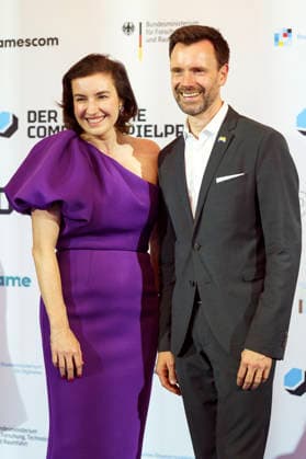 Dorothee Bär und Felix Falk bei der Verleihung des Deutschen Computerspielpreises 2026 im Herkulessaal der Residenz. München, 29.04.2026