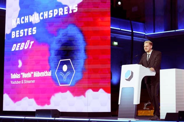 Tobias Huebi Hübenthal bei der Verleihung des Deutschen Computerspielpreises 2026 im Herkulessaal der Residenz. München, 29.04.2026