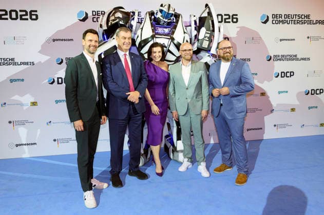Felix Falk, Markus Söder, Dorothee Bär, Fabian Mehring und Lars Janssen bei der Verleihung des Deutschen Computerspielpreises 2026 im Herkulessaal der Residenz. München, 29.04.2026